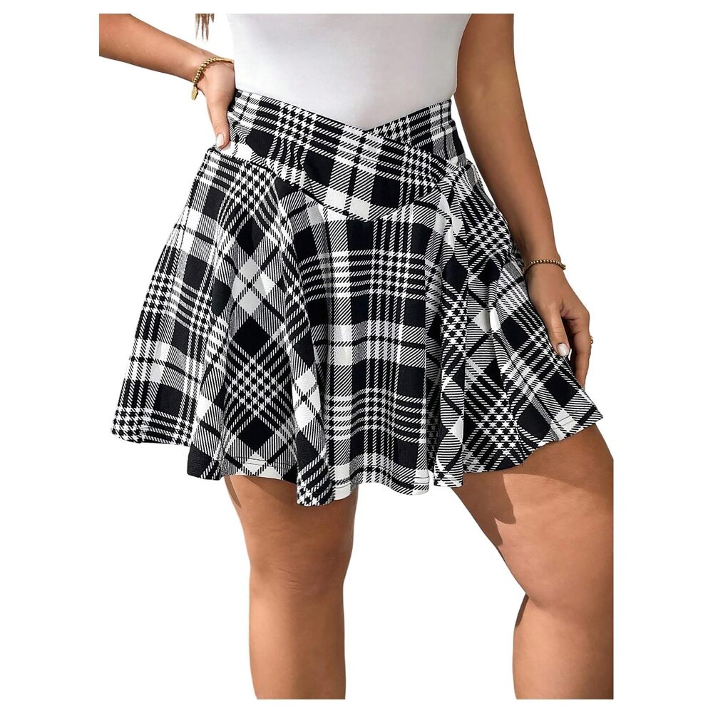3391 Plus Size Plaid Mini Skirt Crossover High Waist Short Skort